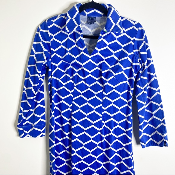 Melly M Jacquard Blue and White Cotton Blend Shirt Dress - Picture 3 of 10